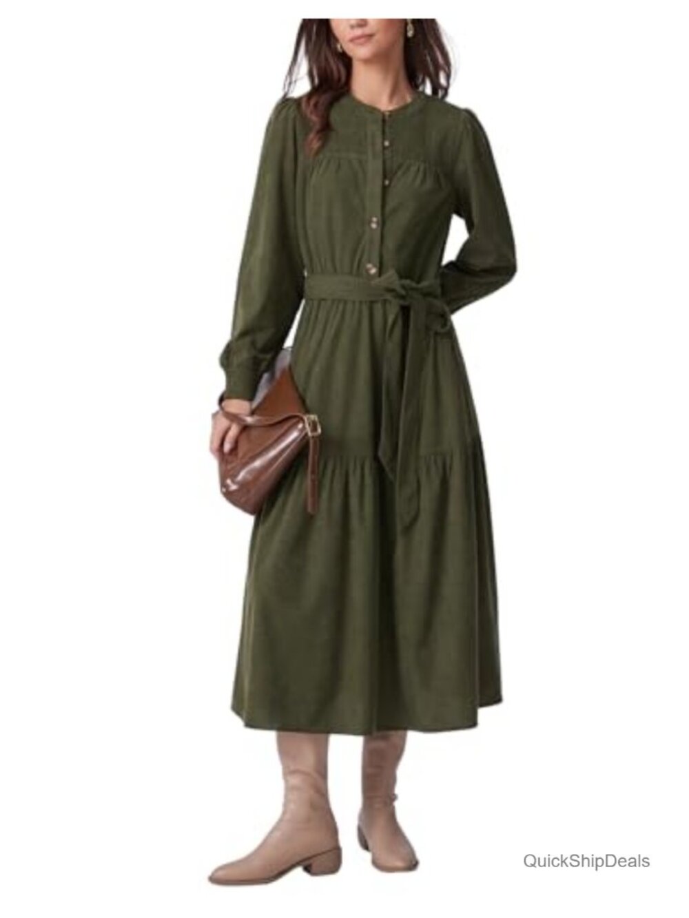 Women's Corduroy Midi Shift Dress Long Sleeve Button Down with Tie Sash